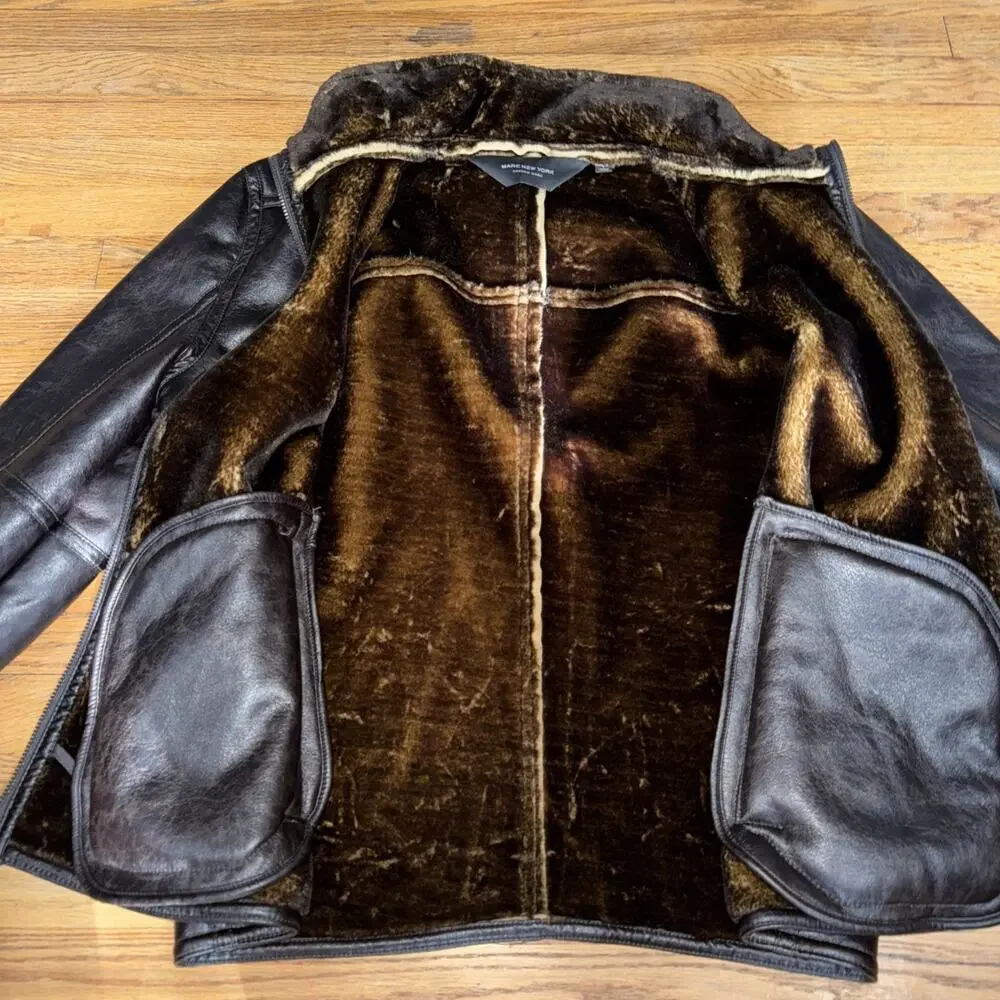 Marc New York Chocolate Brown Faux Fur & Faux Leather Jacket Sz L Sophisticated